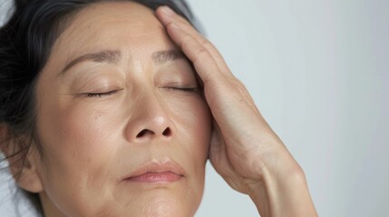 Fototapeta premium A woman with closed eyes resting her head on her hand appearing to be in a state of relaxation or contemplation.