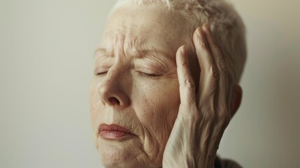 An elderly woman with closed eyes her hand gently resting on her forehead conveying a sense of contemplation or perhaps fatigue.