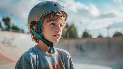 Young skateboarder with helmet looking ahead at skatepark under blue sky with clouds.
