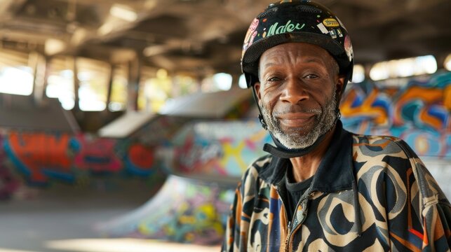 An elderly man with a beard and a colorful jacket wearing a helmet with stickers standing in front of a vibrantly painted skate park.