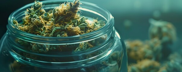 Cannabis buds in jar, close up photo, professional photo