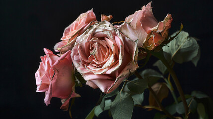 Faded pink roses against dark background. 