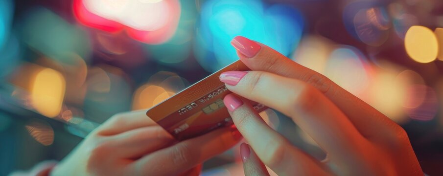 Payment card in girl's hand, beautiful manicure, blurred background, close up photo, professional photo