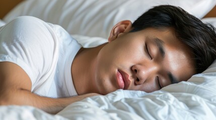 Fototapeta na wymiar A young man with dark hair wearing a white t-shirt peacefully sleeping on a white bed with white sheets and pillows.