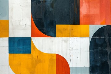 Vibrant Abstract Composition with Orange, Yellow, and Blue Geometric Shapes on WallInBackground