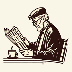 line art illustration of old man reading newspaper