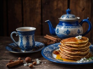 Still life. Pancakes with honey, teapot and cup. Generative AI