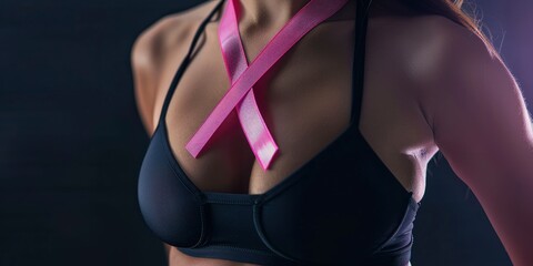 Obraz premium Pink ribbon breast cancer symbol on beautiful female dark bra, fitness body, copyspace, close up professional photo