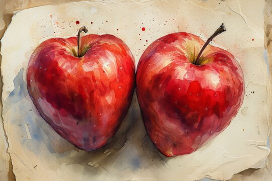 Abstract Painting with Two Red Apples on Splattered Paper Background, Artistic Fruit Still Life Artwork Concept