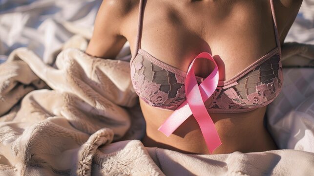 Pink ribbon breast cancer symbol on beautiful exquisite woman bra, young pretty tanned body, copyspace, close up professional photo