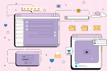 Y2k windows, retro screens in retrowave, vaporwave vintage style. Computer, social media and login interface, post, pc desktop icon, star rating bar and folder user interface elements,ux design. Purpl