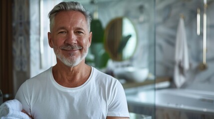 Smiling man with gray beard and hair wearing white t-shirt standing in modern bathroom with marble walls and circular mirror.