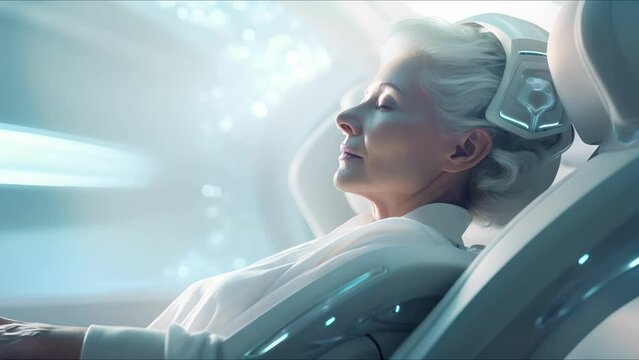 Futuristic rejuvenation procedure treatment. Old woman sleeping in healthcare camera. The concept of science and healing. AI-generated.