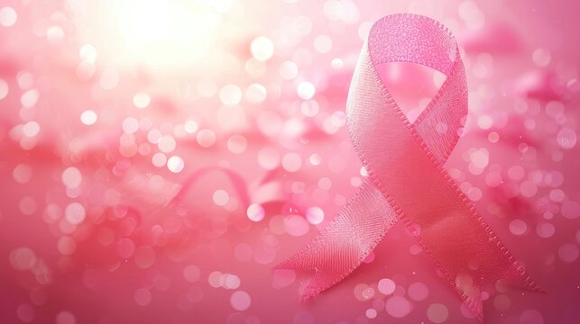 Pink ribbon breast cancer symbol on contrast beautiful background, free space for text, banner 