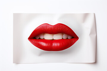 An open female mouth with red lipstick on her lips, isolated on a white background. Generated by artificial intelligence