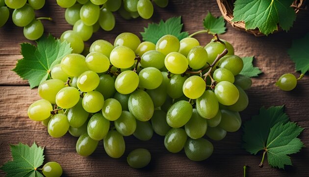 Realistic photo of a bunch of green grapes. top view fruit scenery.