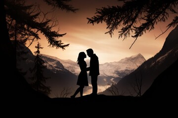 silhouette of couple at sunset in the mountains. Love and romantic relationships. 