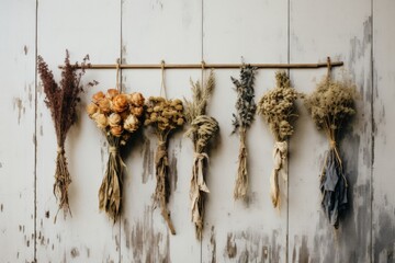 dried herbs and flowers bouquets decoration on the wall  at rustic kitchen. Herbarium kinfolk style decor and interior design. Cottage core aesthetic. - obrazy, fototapety, plakaty
