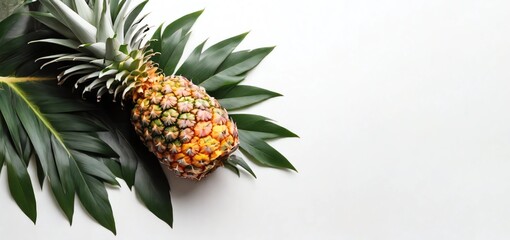 Fototapeta premium Pineapple on white background. Summer concept. Flat lay, top view, square