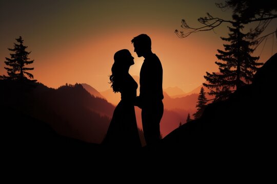 silhouette of couple at sunset in the mountains. Love and romantic relationships. 