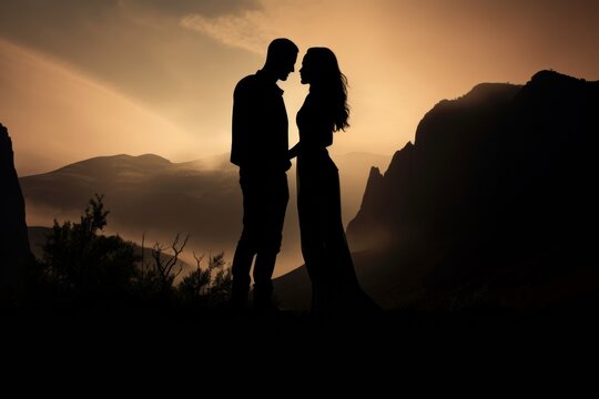 silhouette of couple at sunset in the mountains. Love and romantic relationships. 