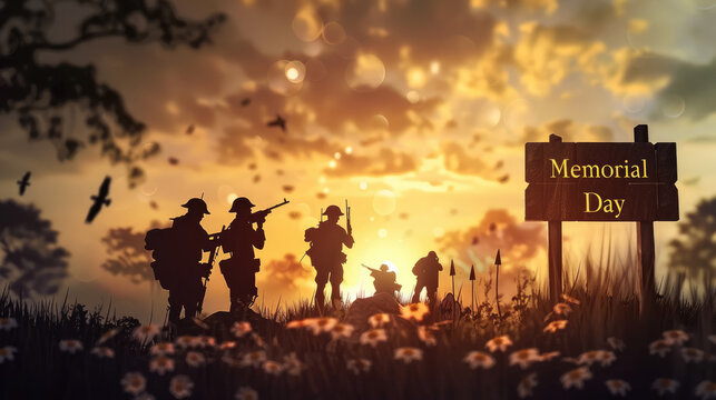 Memorial Day, silhouettes of soldiers or symbolic battlefield scenes
