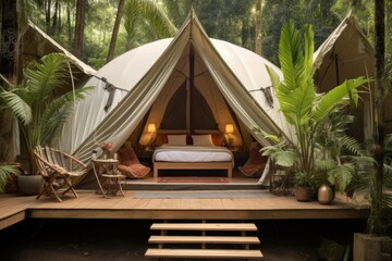eco boho interior of spacious tent in white beige color in glamping bed closeup. Tourist accommodation. Cozy place with pillows.