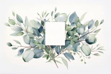 green eucalyptus wedding invitation template. Floral botanical watercolor illustration copy space center. Beauty salon, manicure, price list mock up. - obrazy, fototapety, plakaty