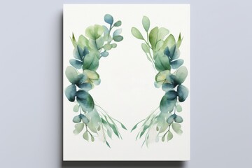 green eucalyptus wedding invitation template. Floral botanical watercolor illustration copy space center. Beauty salon, manicure, price list mock up.