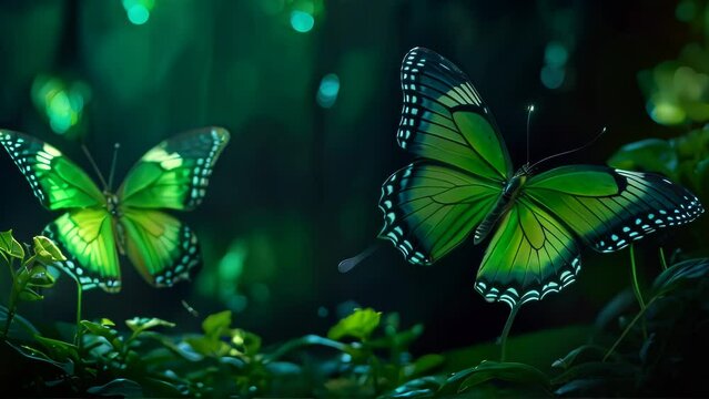 St. Patrick's Day video animation, green butterflies amidst a dark, enchanted forest setting. The butterflies are illuminated, highlighting their intricate wing patterns 