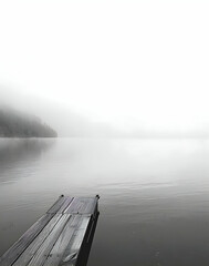 Fototapeta premium walkway wharf leading into a foggy misty lake, minimalist photography