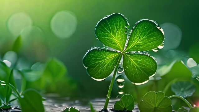 St. Patrick's Day video animation, close-up image showcases a vibrant green four-leaf clover adorned with delicate dew drops on its surface.