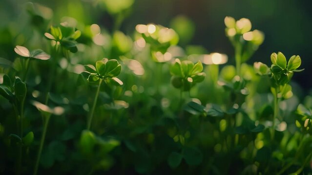 St. Patrick's Day video animation, close-up image of green clover leaves bathed in soft sunlight, giving it a serene and peaceful ambiance