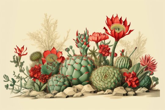 cactus and succulents with red blooming flowers horizontal vintage botanical illustration. Plants hobby poster. Indoor gardening. 