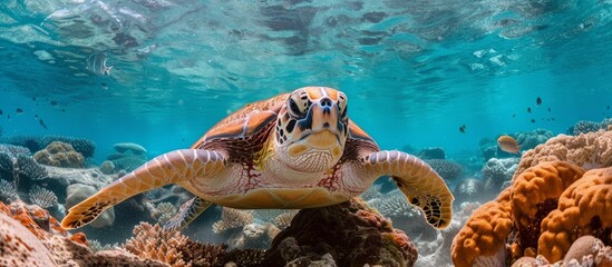 Graceful underwater world: a turtle swimming among colorful corals in the crystal clear ocean