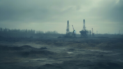 Oil drill industrial heavy polluted landscape. Ecology concept. Generative AI