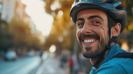 Smiling man with a beard wearing a blue helmet riding a bicycle on a city street with blurred background.