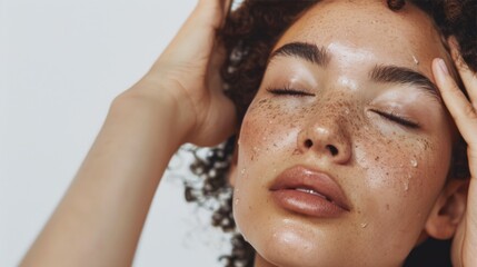Naklejka premium A close-up of a woman with closed eyes her face glowing with a radiant complexion adorned with freckles and her hands gently resting on her cheeks conveying a sense of serenity and beauty.
