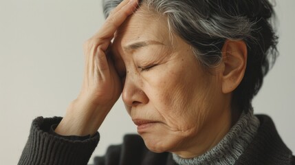Fototapeta premium A woman with closed eyes resting her hand on her forehead wearing a dark sweater and a gray turtleneck with a contemplative or possibly distressed expression.