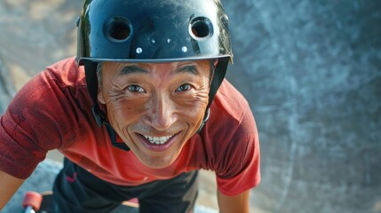 Fototapeta premium A man with a black helmet smiling broadly wearing a red shirt and black pants standing on a skateboard.