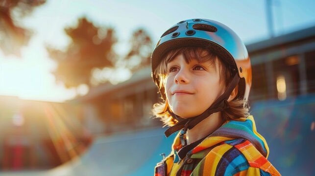Young skateboarder with helmet looking up at the sky with a colorful jacket and a skateboard ramp in the background during sunset.