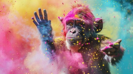 Holi  festival, party. Monkey throwing colored powder paint in air.