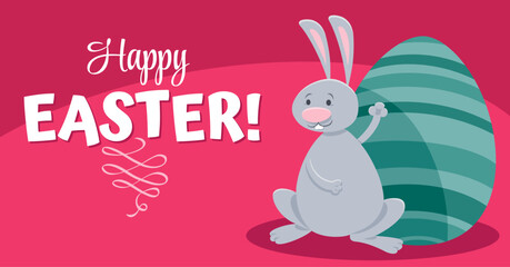 happy cartoon Easter bunny with painted egg greeting card