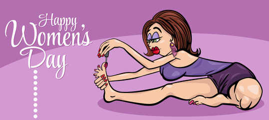 Women's Day design with cartoon woman practicing yoga and painting toes