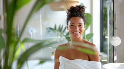 A woman in a white robe smiling in a modern bathroom with plants and a glass shower.