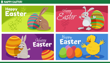 Fototapeta premium cartoon Easter bunnies and chick with painted eggs greeting cards set