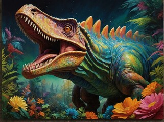 An exquisitely detailed and colorful painting of a dinosaur set in a lush, vibrant prehistoric landscape, evoking both power and a bygone era