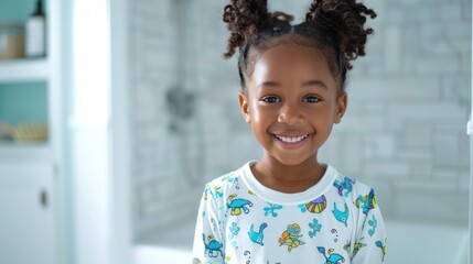 Smiling young girl with curly hair wearing a white shirt with colorful animal prints standing in a brightly lit bathroom.