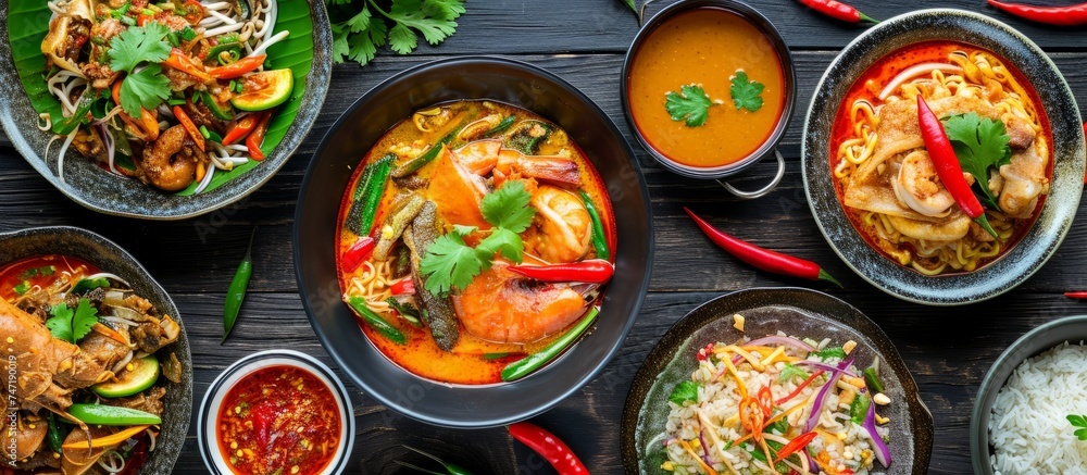 Poster a flavorful array of various cuisine in colorful bowls for a diverse culinary experience