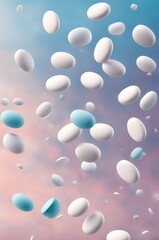 Assorted Pills and Tablets Suspended in Air on Pastel Background